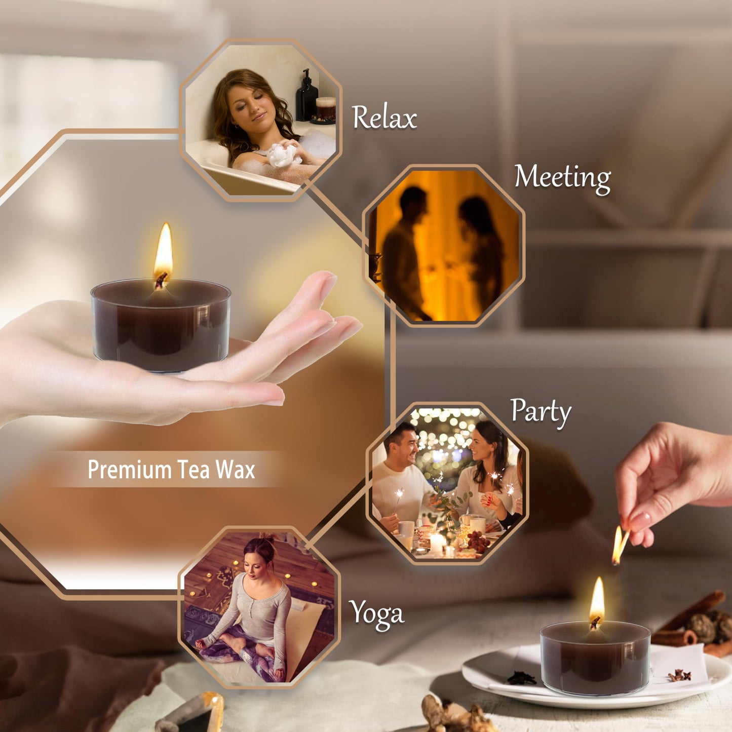 Tea Lights Gradation Brown Tea Candles Set of 24 – Tealight Candles with Coffee Scent, Long Burning Handmade Tealights for Wedding Meditation Home Decor Gift