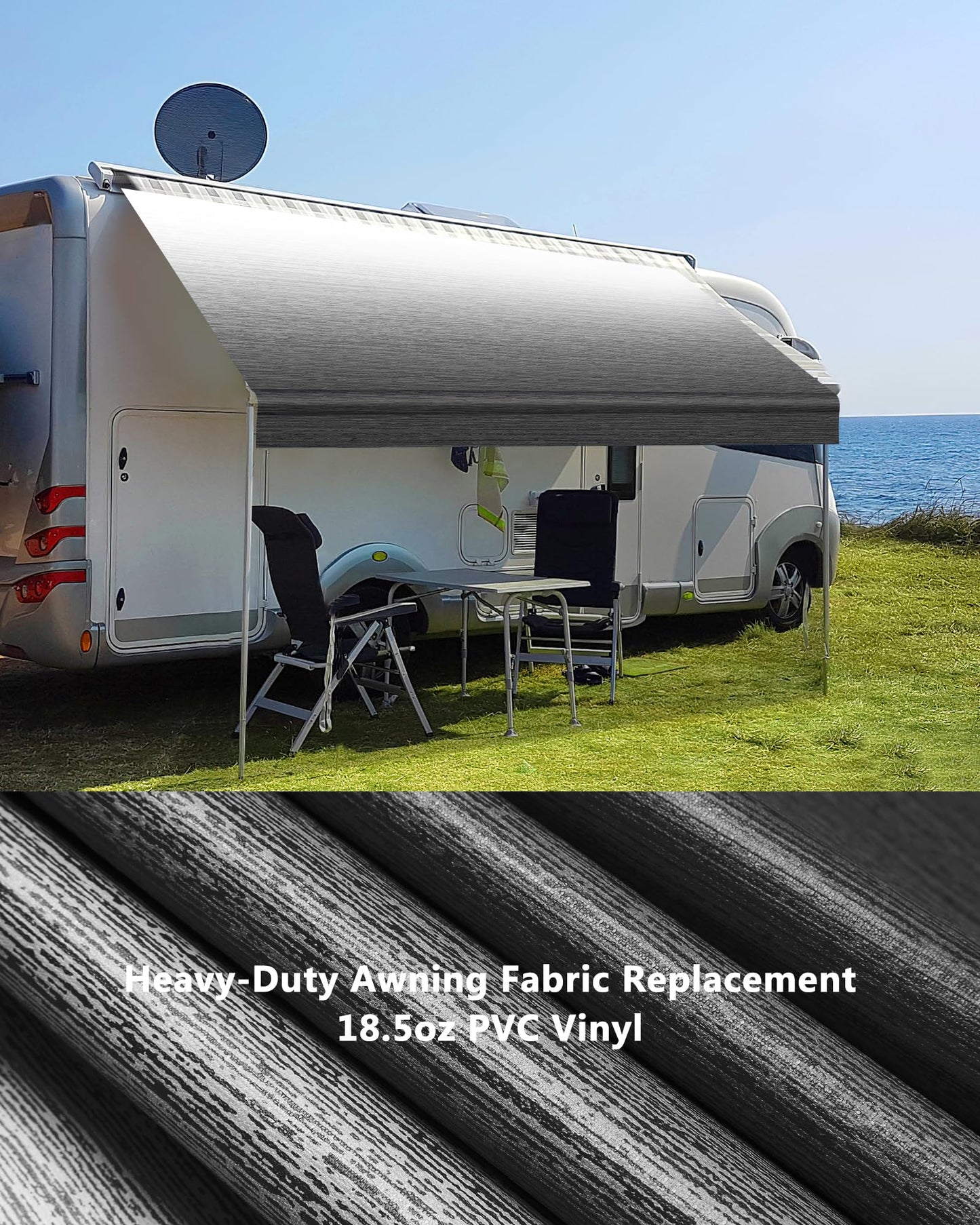 Xenjum RV Awning Fabric Replacement, 18.5oz Heavy-Duty Weatherproof Vinyl Camper Awning Replacement Universal Outdoor Canopy for RV, Motorhome, Trailer Awnings (Black Fade, 19'(Fabric 18'2"))