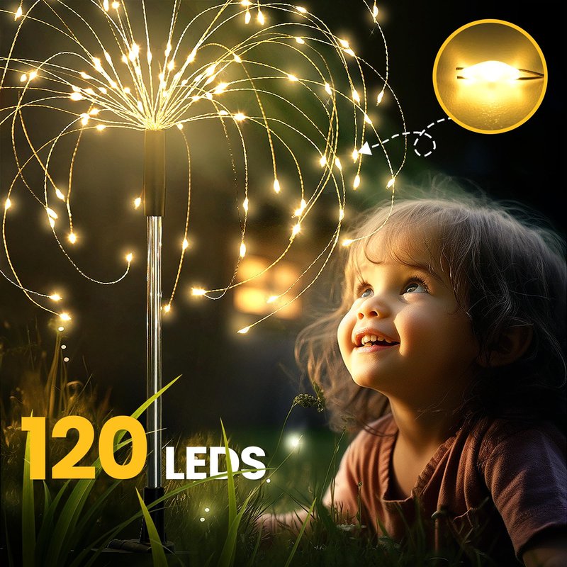GIGALUMI Garden Decor Outdoor Lights 120LED 2Pack, Solar Garden Lights Outside Fairy Firework Decorative,Solar Powered for Yard Pathway Flowerbed Planter Balcony Patio 4th of July Decor (Warm White