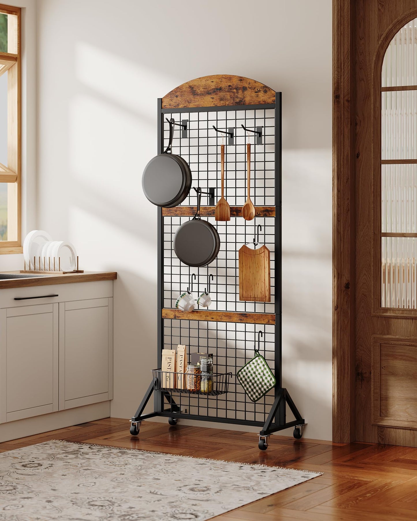 CHOEZON Grid Wall Panel 5.7' x 2' FT Grid Display Rack, 2 Pack Movable Gridwall Display Stand with 8 S-Shaped Hooks and 8 Garment Hooks, Floorstanding Wire Grid Rack, Rustic Brown and Black TCJ17P2BF