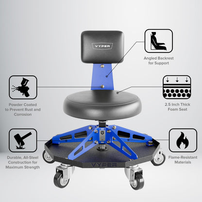 Vyper Robust Steel Sport Shop Chair for Mechanics, Automotive, DIY - 300 lb Capacity Garage Stool with Backrest & Large Wheels (Black Seat, Blue Frame)