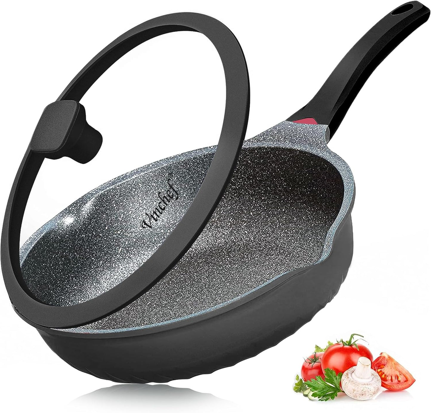 Vinchef Nonstick Skillet - 12.5In Aluminum Deep Frying Pan with Lid & Heat Indicator | Scratch-Resistant, Induction Compatible