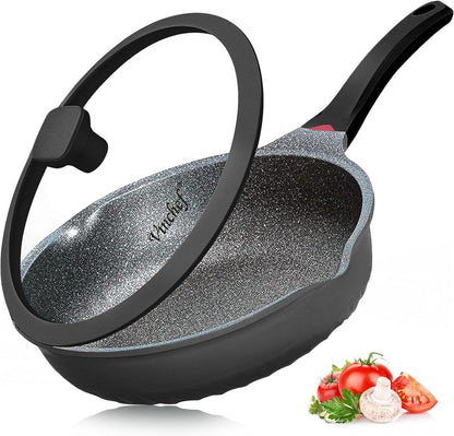 Vinchef Nonstick Skillet - 12.5In Aluminum Deep Frying Pan with Lid & Heat Indicator | Scratch-Resistant, Induction Compatible