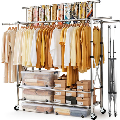 Heavy Duty Clothes Rack Load 620 LBS Foldable, Triple Rod Rolling Garment Rack for Hanging Clothes with Sturdy Wheels & Shelves, Adjustable ＆ Portable Commercial Clothing Rack with Lockable Wheels