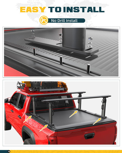 TRUMGETA Truck Bed Rack Fit for Tacoma Gladiator Mid Size Pickups Compatible with Tonneau Cover w/T-Slot Rails, Adjustable 19"-25" Aluminum Truck Ladder Rack Fits Lumber Pipes Kayak
