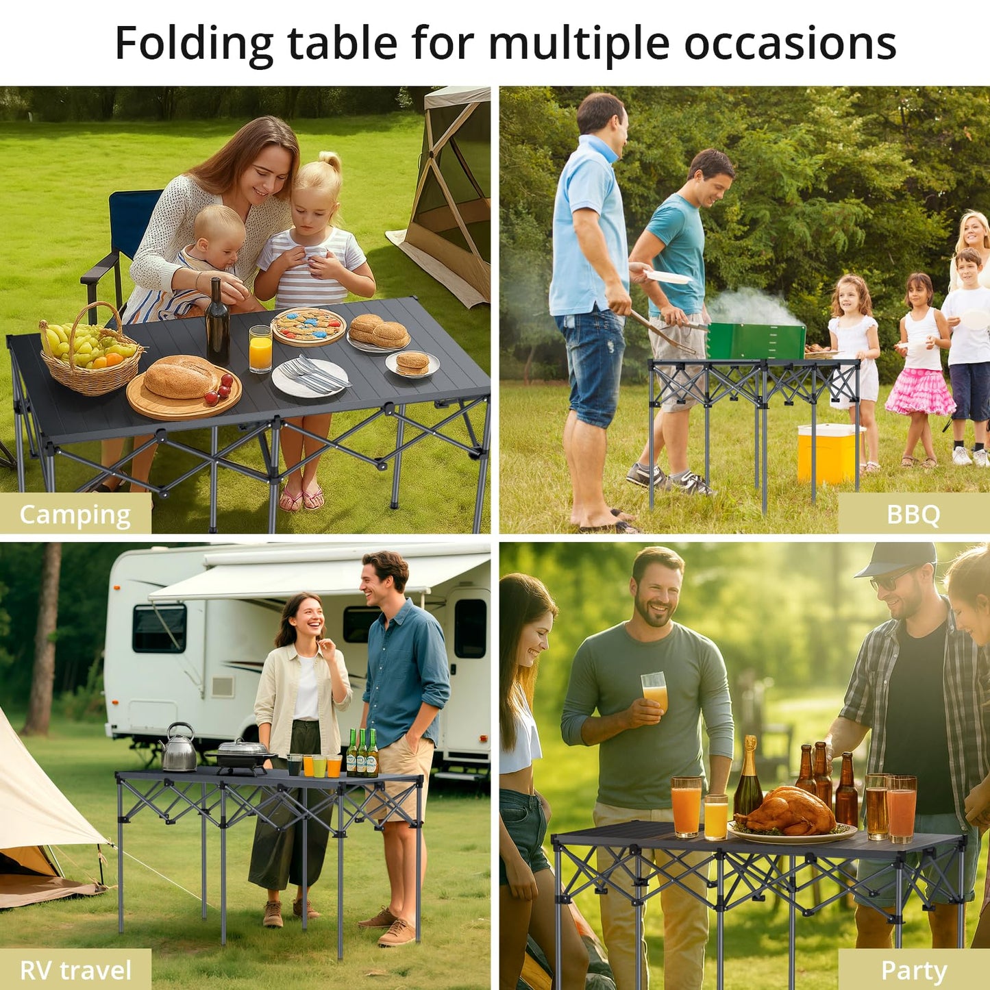 Anbte Heavy-Duty Camping Table, 48” x 23.6” Large Roll Up Camping Table for 6-8 People Support 264lbs with Carry Bag, Waterproof, Portable, for Backyard BBQ Tailgating Picnic Party Indoor, Black