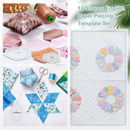Cinnvoice 612 Pcs Patchwork Paper EPP English Piecing Supplies 12 Shapes Acrylic Templates with 600 Paper Piecing for Sewing Dresden Plate Triangle Hexagon Quilting Template(Classic 1,Clear)