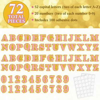 FunooFuno 72 Pcs Glitter 2026 Graduation Letters Numbers Cardstock Shiny Crafts Alphabet with Adhesive Dots for Graduation Trifold Photo Board Grad Leis Homecoming Mums DIY Supplies(Pink Gold)