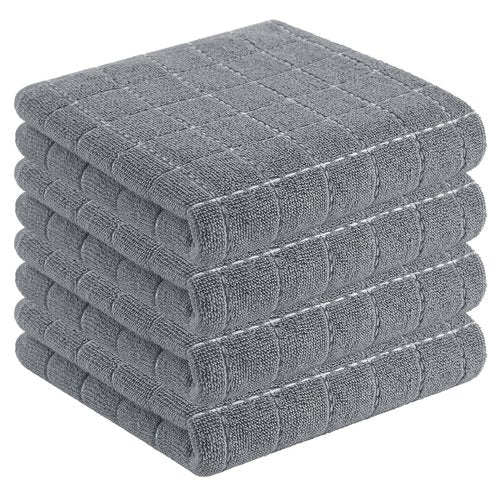 Homaxy 100% Cotton Terry Kitchen Towels(Grey, 13 x 28 inches), Checkered Designed, Soft and Super Absorbent Dish Towels, 4 Pack