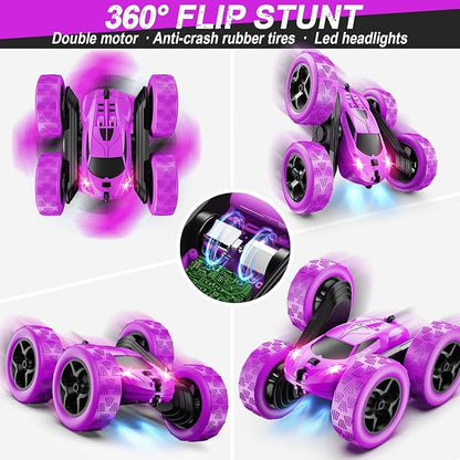 RC Cars Purple Remote Control Car for Girls 2.4 GHZ Double Sided RC Stunt Car 360° Rotating Remote Control Crawler with Headlights Car Toys for 6 7 8 9 10 11 12 Girls Birthday Gift