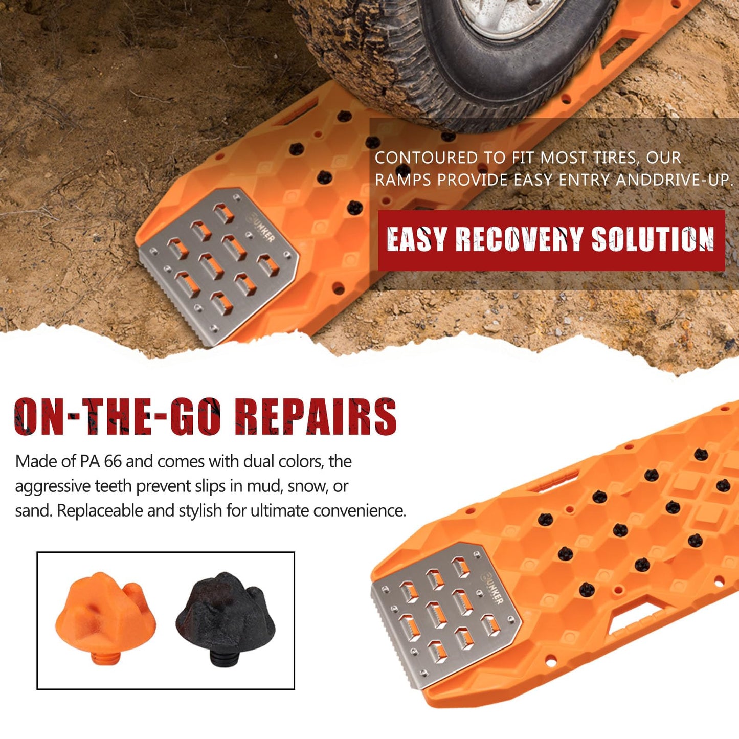 BUNKER INDUST Offroad Traction Boards with Jack Base (Orange) + 3" x 30ft Recovery Straps + Pair 3/4 D Ring Shackles + Bag 35,000 lbs Tree Saver Winch Strap