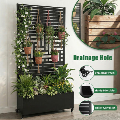 Hubxinly Metal Planter Box with Trellis,Raised Garden Bed with Trellis and Wheels,70.87x35.43x15.75 Inch Metal Standing Planter Box with Drainage Holes Suitable for Climbing Plants and Vegetables
