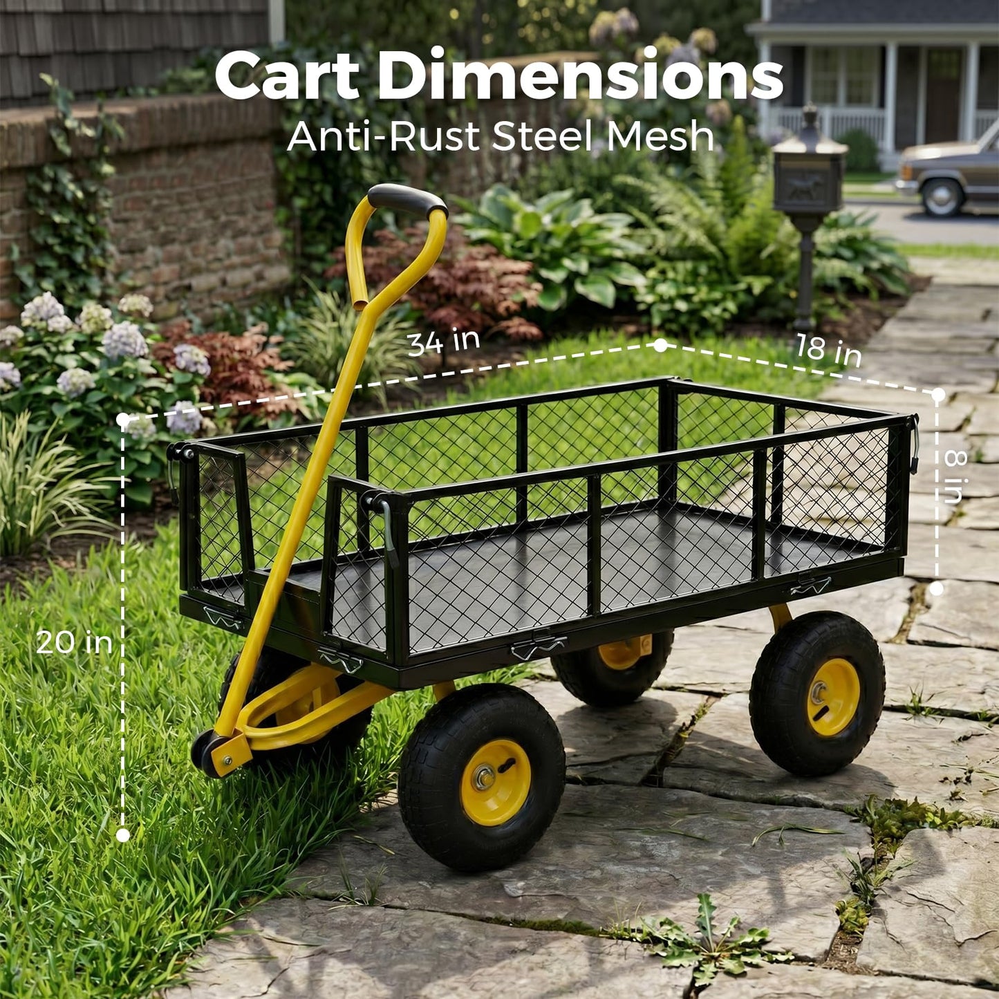 SUNNYFEEL 900 LBS Heavy Duty Steel Garden Cart, Utility Garden Wagon Cart with 10" Flat-Free Wheels and Removable Sides, All Season Yard Cart with 180° Adjustable Handle