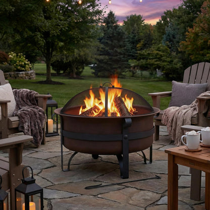 Sunnydaze Cauldron Wood-Burning Outdoor Fire Pit for Patio and Backyard - Round Steel Outside Firepit Bowl with Cover, Removable Ash Pan, Spark Screen, and Poker Tool - Dark Bronze - 29"