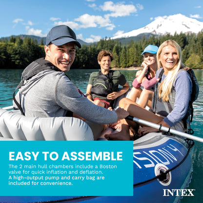 Intex 68324EP Excursion 4 Inflatable Boat Set: Includes Deluxe 54in Boat Oars and High-Output Pump – Adjustable Seats with Backrest – Fishing Rod Holders – 4-Person – 1100lb Weight Capacity