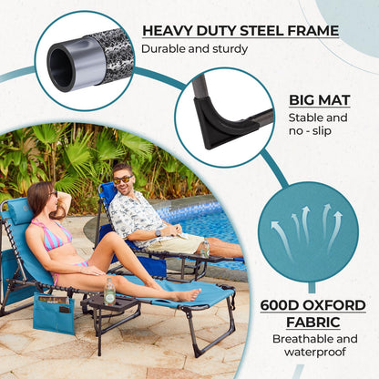 FUNDANGO 4 in 1 Tanning Chair with Face Hole, Beach Lounge Chair with Canopy Shade & Side Table Chaise Lounge Chairs for Patio, Pool, Lawn, Sunbathing, 5-Position Adjustable Sun Lounger, Cyan