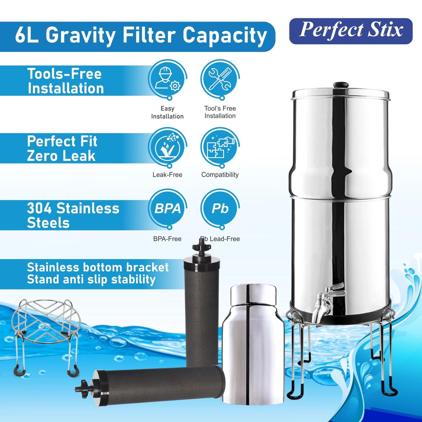 Denali Spring-1.6G (6 Liters)- Stainless Steel Gravity-Fed Water Filtration System with 2 Black Filters, SS Tap, POSTreat Filters, and Stainless Steel