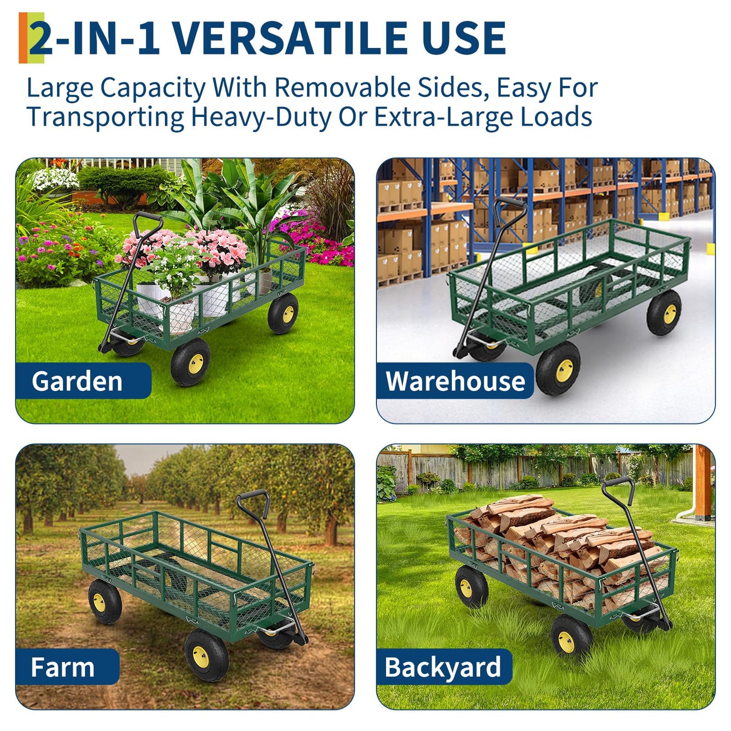 Garvee 900 lbs Steel Garden Dump Cart with Removable Sides, Convert to Flatbed, Heavy Duty Yard Cart with 180°Rotating Handle & 10" All Terrain Wheels, Utility Dump Wagon for Lawn Farm Backyard