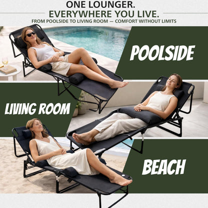PLEOFLO Outdoor Lounge Chair | Extra Large Portable cot incl Leg Raising adjustability | Easy Setup & Takedown | Supports Adults up to 300 lb | Ideal for Camping Patio, Balcony, Beach & More
