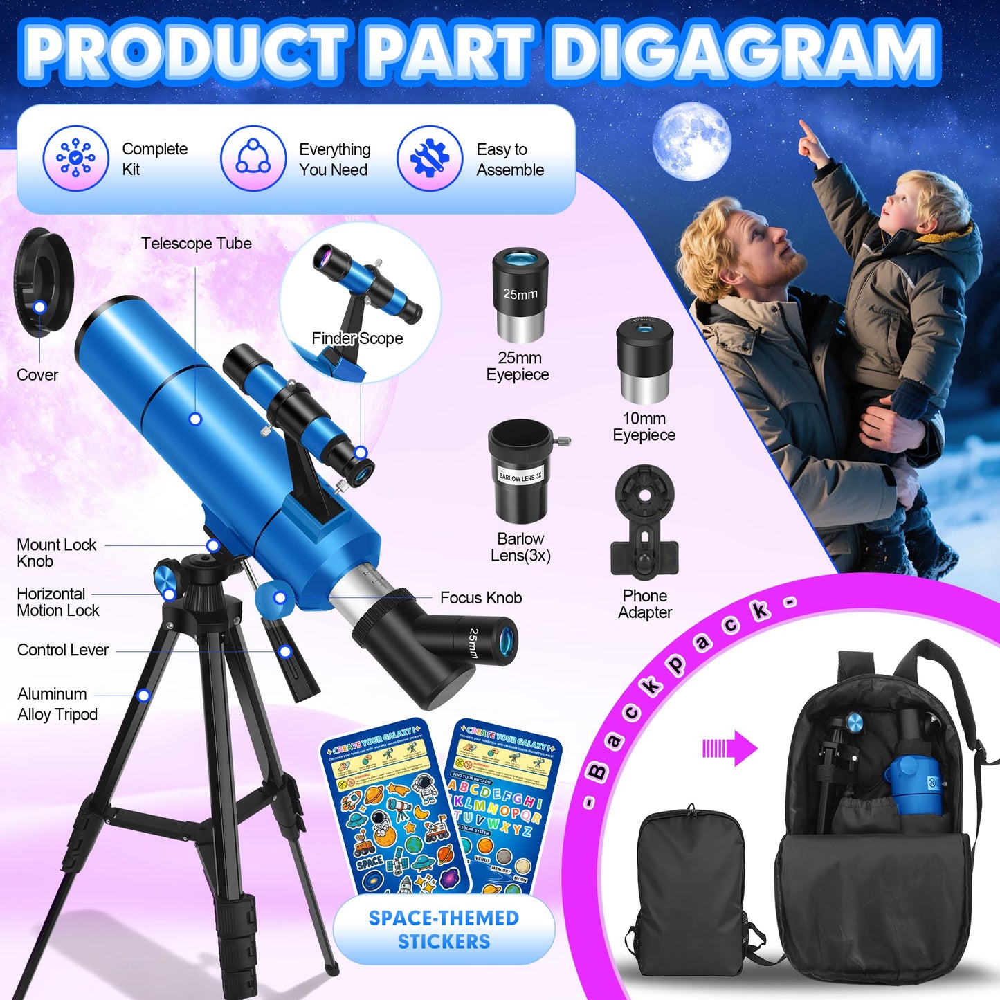 HUGERSTAR Telescope for Adults & Kids, 80mm Aperture 500mm (20X-150X) Professional Refractor Telescope for Astronomy Beginners, Portable Travel Telescopes with Tripod Phone Adapter, Stickers, Backpack