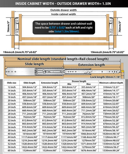 VAGUDE with Lock Heavy Duty Drawer Slides 12 14 16 18 20 22 24 26 28 30 32 34 36 40 44 48 52 56 60 Inch 290 Lbs Side Mount Full Extension Ball Bearing Rails Rail Tool Box Runner-W:76mm, 48 Inch