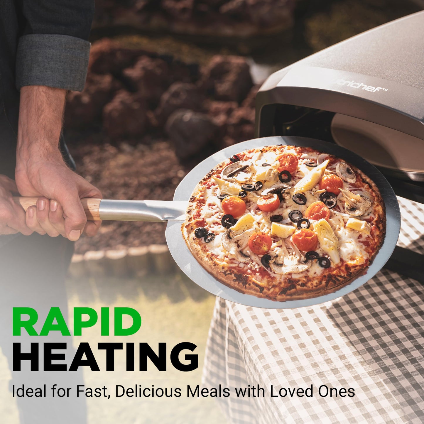 NutriChef Outdoor Pizza Oven with 360° Rotating Pizza Stone | Cooks 12" Pizza in 60 seconds | Adjustable Heat Control Dial, Includes Pizza Peel, Stone & Regulator with Hose | Short Handle