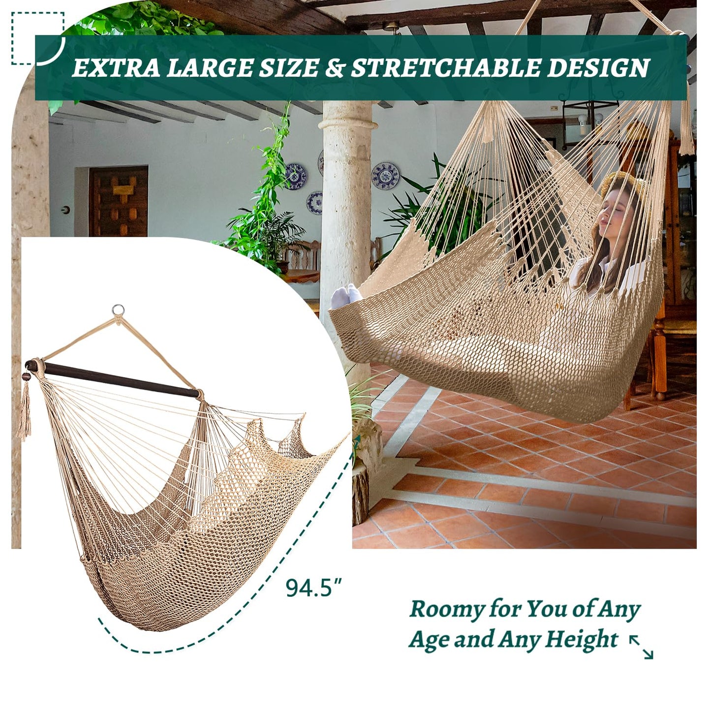 Bathonly Large Hammock Chair with Spreader Bar, Caribbean Hammock Swing Chair with Stand, XL Hammock Chair Outdoor Indoor, 330 LBS Weight Capacity