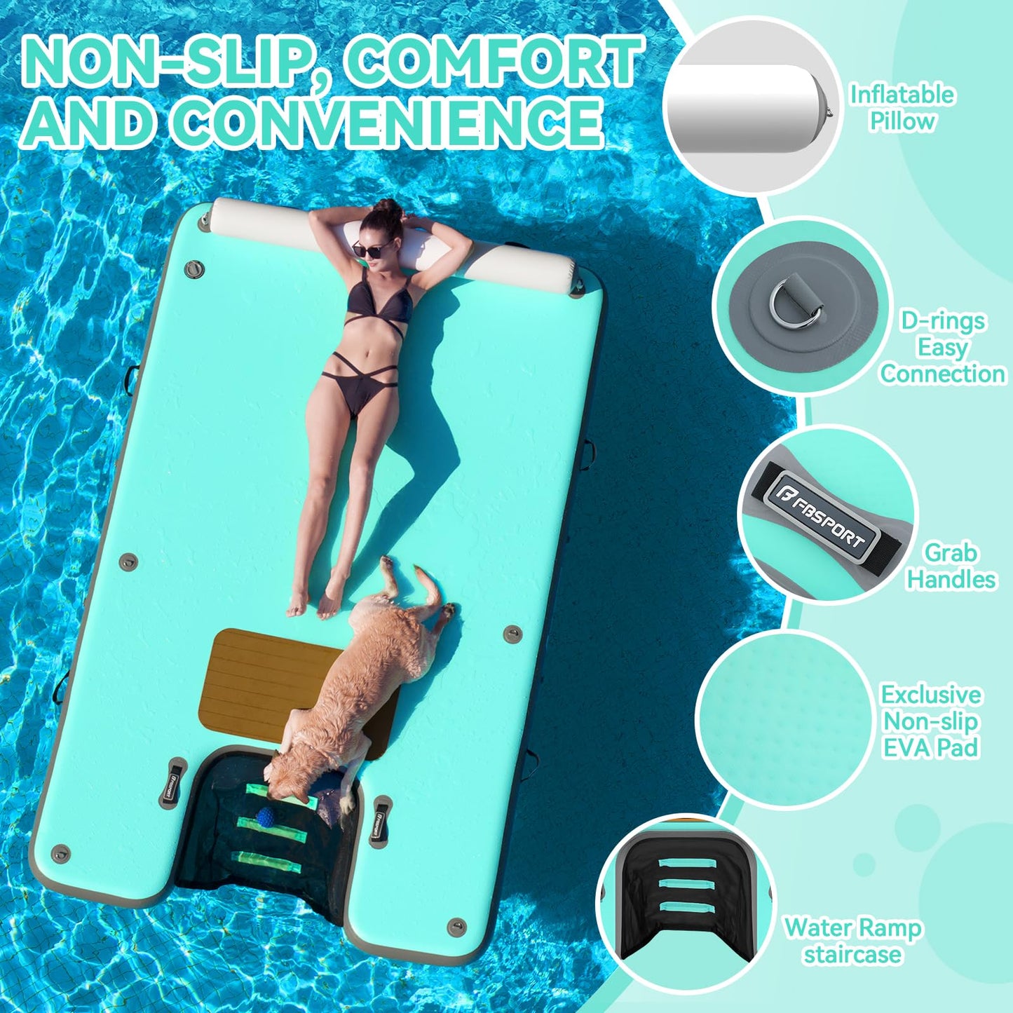 FBSPORT Inflatable Floating Dock with Boat Ramp,Non-Slip Air Dock Floating Platform with Water Ladder and Headrest, Inflatable Island Water Raft for Pool Lake Beach Ocean