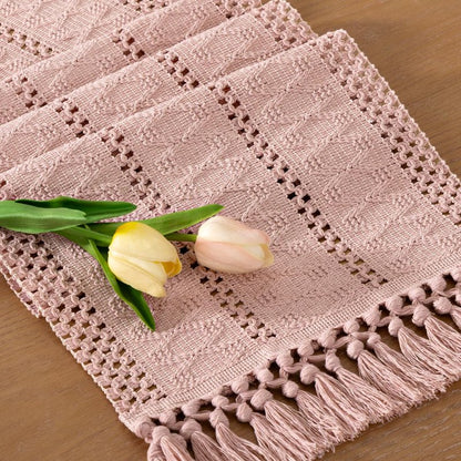 Socomi Boho Table Runner Summer Farmhouse Rustic Dining Kitchen Centerpiece Decor Small Macrame Woven Cotton Linen Coffee Table Runner for Dresser Scarf Home Decor 12x60 in Pink