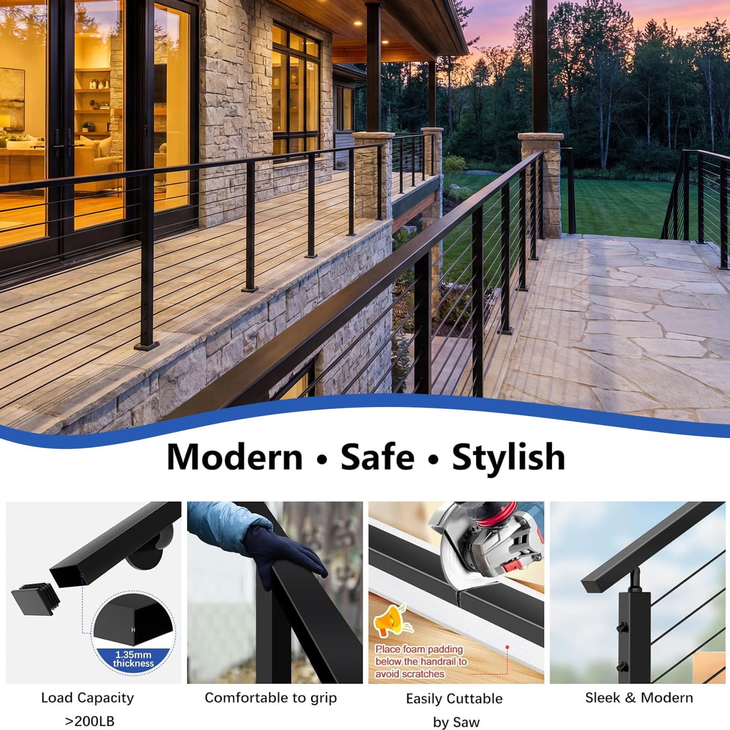 Zylorix 3Pack 6'6" Stainless Steel T304 Black Handrail for Cable Railing with Nylon End Cap Extension Connectors, 2.36" W x 1.18" H Cuttable Flat Handrail Rectangular Top Rail for Indoor Outdoor