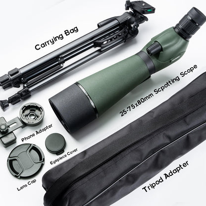 GUANIEE 25-75x80 Spotting Scope for Target Shooting with Full Size Tripod Carrying Bag and Phone Adapter Spotter Scope for Bird Watching, Wildlife Viewing Mud