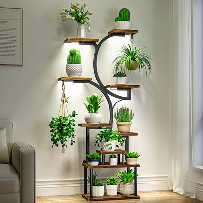 VECELO 66.1" Tall Plant Stand Indoor with Grow Lights, 9-Tier Plant Shelf with Hanging Hooks, S-Shaped Metal Plant Rack, Space-Saving for Home, Living Room & Corner Spaces, Brown