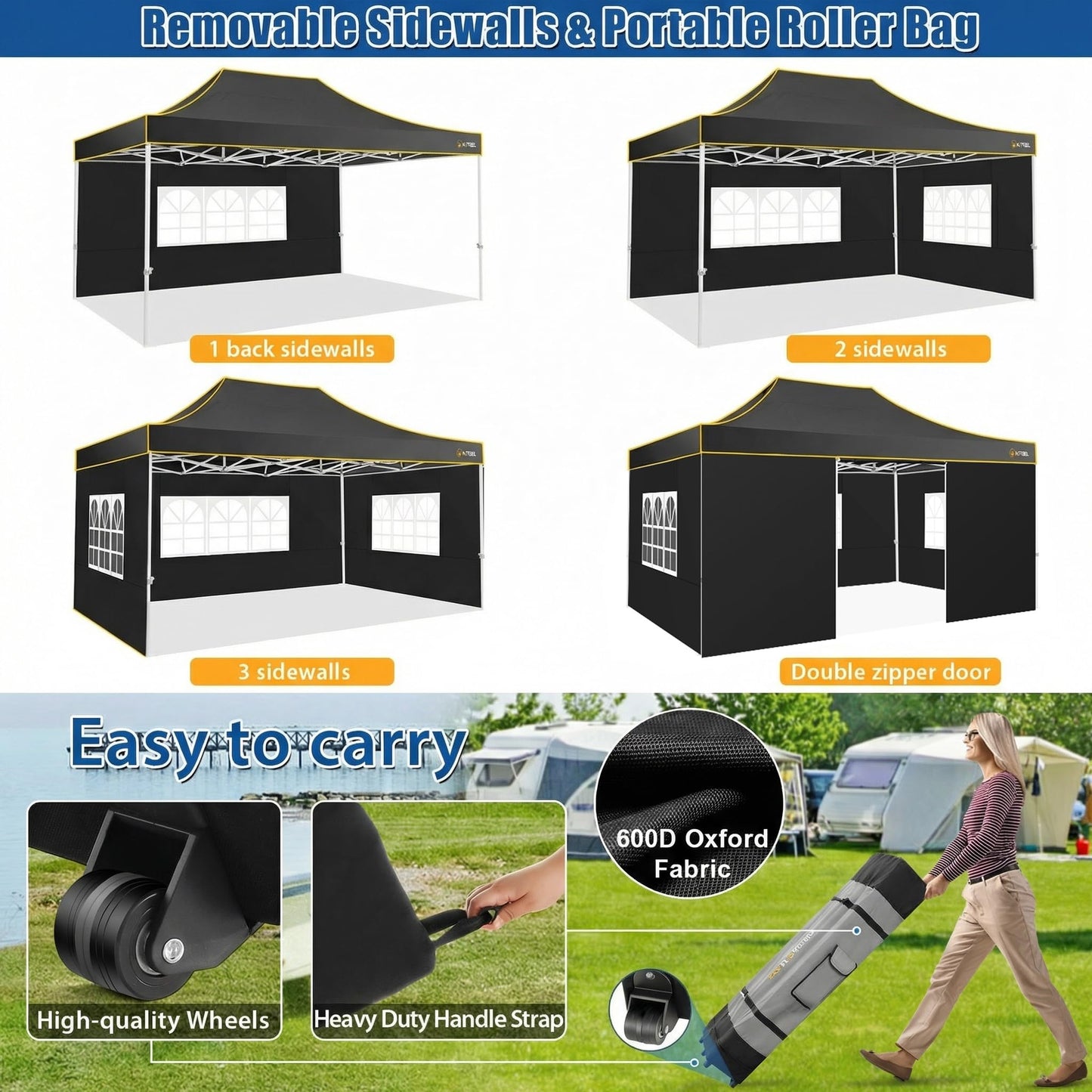 HOTEEL 10x15 Heavy Duty Pop up Canopy Tent for Parties with 4 Sidewalls, Easy Setup Outdoor Commercial Instant Gazebo for Wedding Event, with Roller Bag & Sand Bags, Black(Hexagonal Frame)