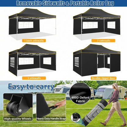 HOTEEL 10x15 Heavy Duty Pop up Canopy Tent for Parties with 4 Sidewalls, Easy Setup Outdoor Commercial Instant Gazebo for Wedding Event, with Roller Bag & Sand Bags, Black(Hexagonal Frame)