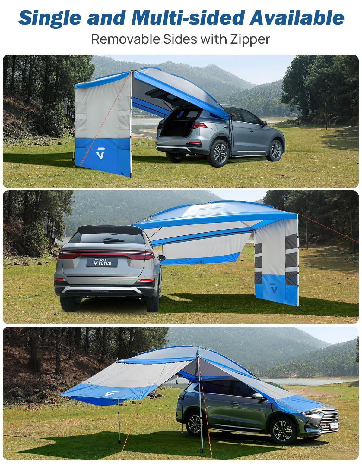 JOYTUTUS Versatile Vehicle Awning with 3 Removable Sides, Large Car Awning 11.5FT * 7.9FT, UV50+ and Waterproof PU2000mm Truck Canopy, SUV Camping Sunshade with 8 Storage Pockets, Gray Blue