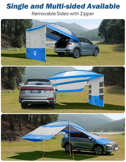 JOYTUTUS Versatile Vehicle Awning with 3 Removable Sides, Large Car Awning 11.5FT * 7.9FT, UV50+ and Waterproof PU2000mm Truck Canopy, SUV Camping Sunshade with 8 Storage Pockets, Gray Blue