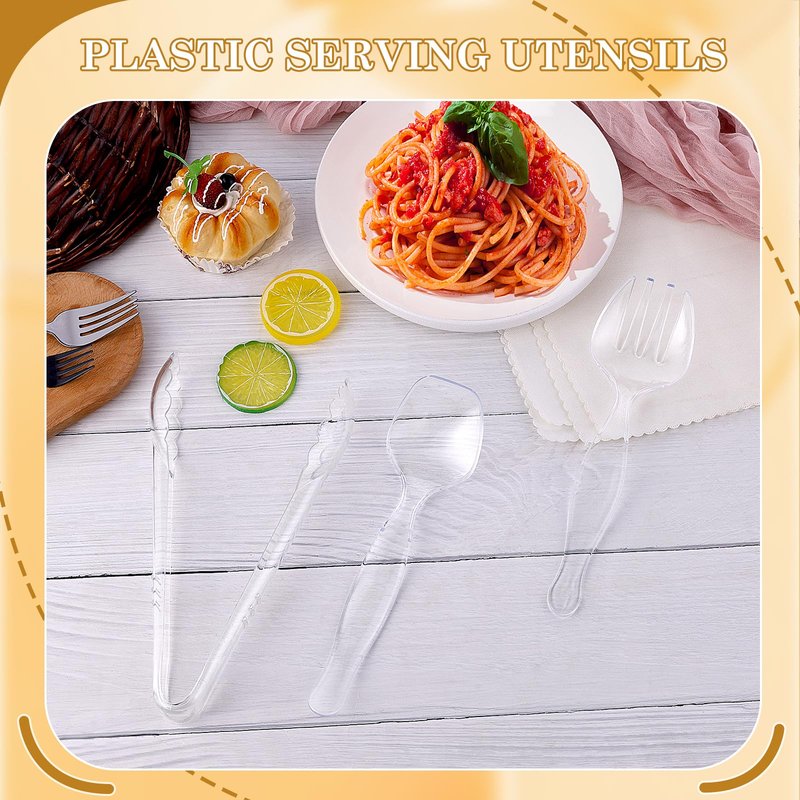 Mwellewm 36Pcs Serving Utensils Large Plastic Serving Utensils Set Serving Spoons for Buffet Clear Disposable Plastic Tongs 8.5'' Heavy Duty Slotted Spoons/Forks Supplies for Party Food Salad Soup