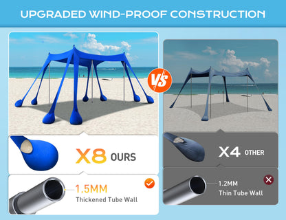 Rengue Beach Tent, Beach Canopy UPF50+ UV Protection, 10x10ft Beach Shade Sun Shelter with 8 Sandbags, Sand Shovels, Ground Pegs, Stability Poles for Camping, Fishing, Picnic, Backyard Fun, Royal Blue