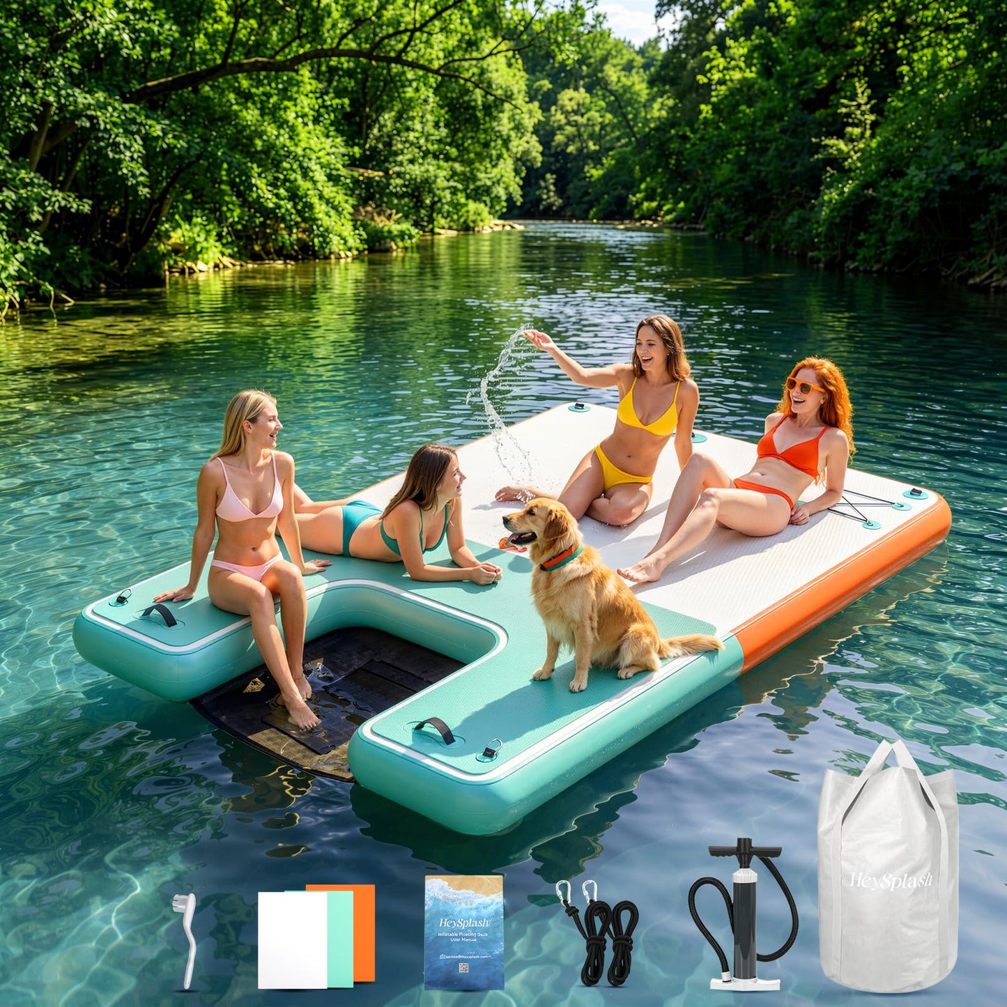 HeySplash Inflatable Floating Dock, 8×6ft Floating Docks with Anti-Slip Surface Water Access, Inflatable Dock Floating Docks for Lakes Pools Boats Oceans, Up to 4-6 People
