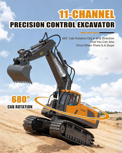 HuiJuKeJi 11-Channel Remote Control Excavator Toy Rechargeable 2.4 GHz RC Construction Vehicle for Kids 680° Rotation | Metal Shovel | Lights &amp Sounds for Boys Ages 6-12