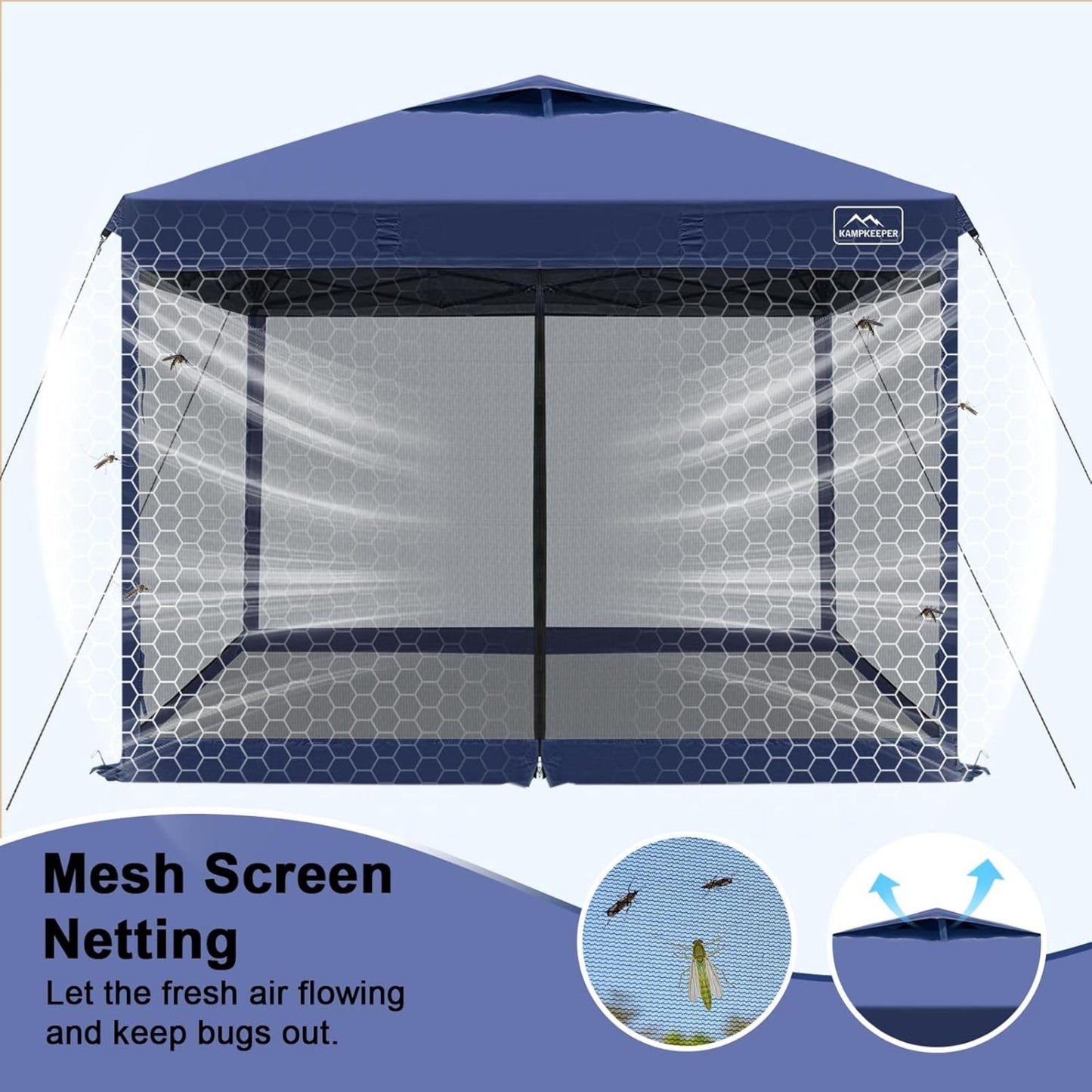 KAMPKEEPER 10x10 Pop-Up Canopy Tent, Waterproof Portable Shade with Screen Walls, Adjustable Instant Outdoor Shelter for Camping, Backyard, and Events, Navy Blue