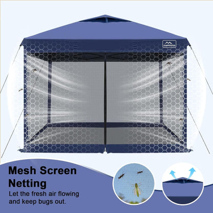KAMPKEEPER 10x10 Pop-Up Canopy Tent, Waterproof Portable Shade with Screen Walls, Adjustable Instant Outdoor Shelter for Camping, Backyard, and Events, Navy Blue