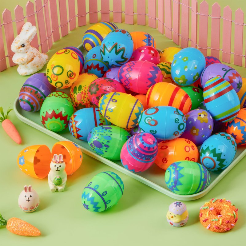 JOYIN 36PCS 2.3" Printed Empty Colorful Plastic Eggs Fillable, Bright Plastic Eggs Bulks for Festival Hunt, Filling Treats, Party Favor, Basket Stuffers, Classroom Prize Supplies