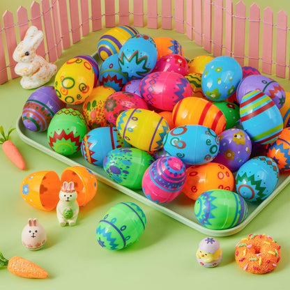 JOYIN 36PCS 2.3" Printed Empty Colorful Plastic Eggs Fillable, Bright Plastic Eggs Bulks for Festival Hunt, Filling Treats, Party Favor, Basket Stuffers, Classroom Prize Supplies