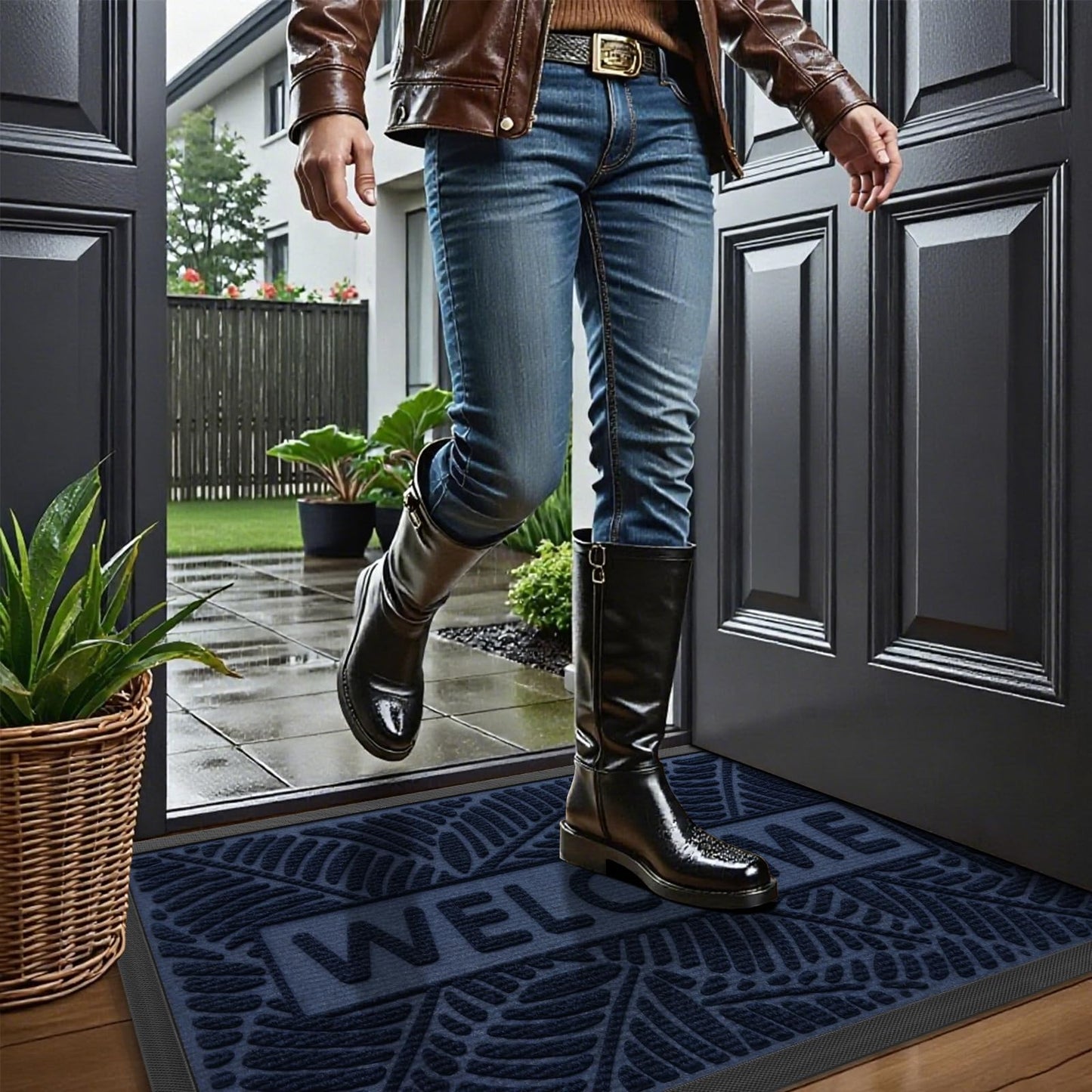 Smiry Welcome Mat Indoor Outdoor, All-Season Waterproof Front Door Mat, Sturdy Natural Rubber Doormat, Non-Slip, Easy Clean, Low Profile Dirt Trapper for Porch Patio Entrance, 71x47, Navy