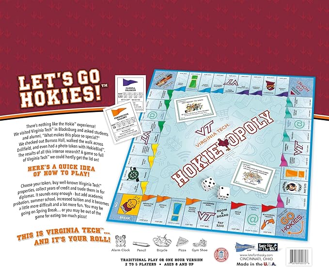 Late for the Sky Virginia Tech Va Techopoly Campus Board Game &amp Property Trading Family Game for Fans 2-6 Players Alumni and Student Gift College Landmarks and Tokens