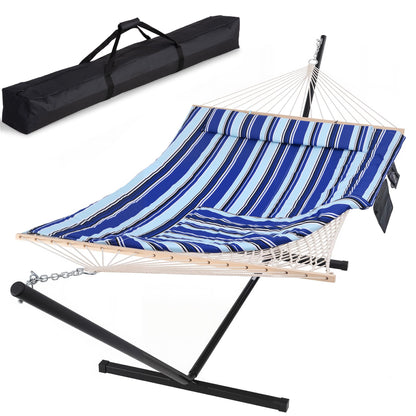 SUNCREAT Hammock Double Hammock with Stand, Carrying Bag, Two Person Cotton Rope Hammock, Blue Stripe