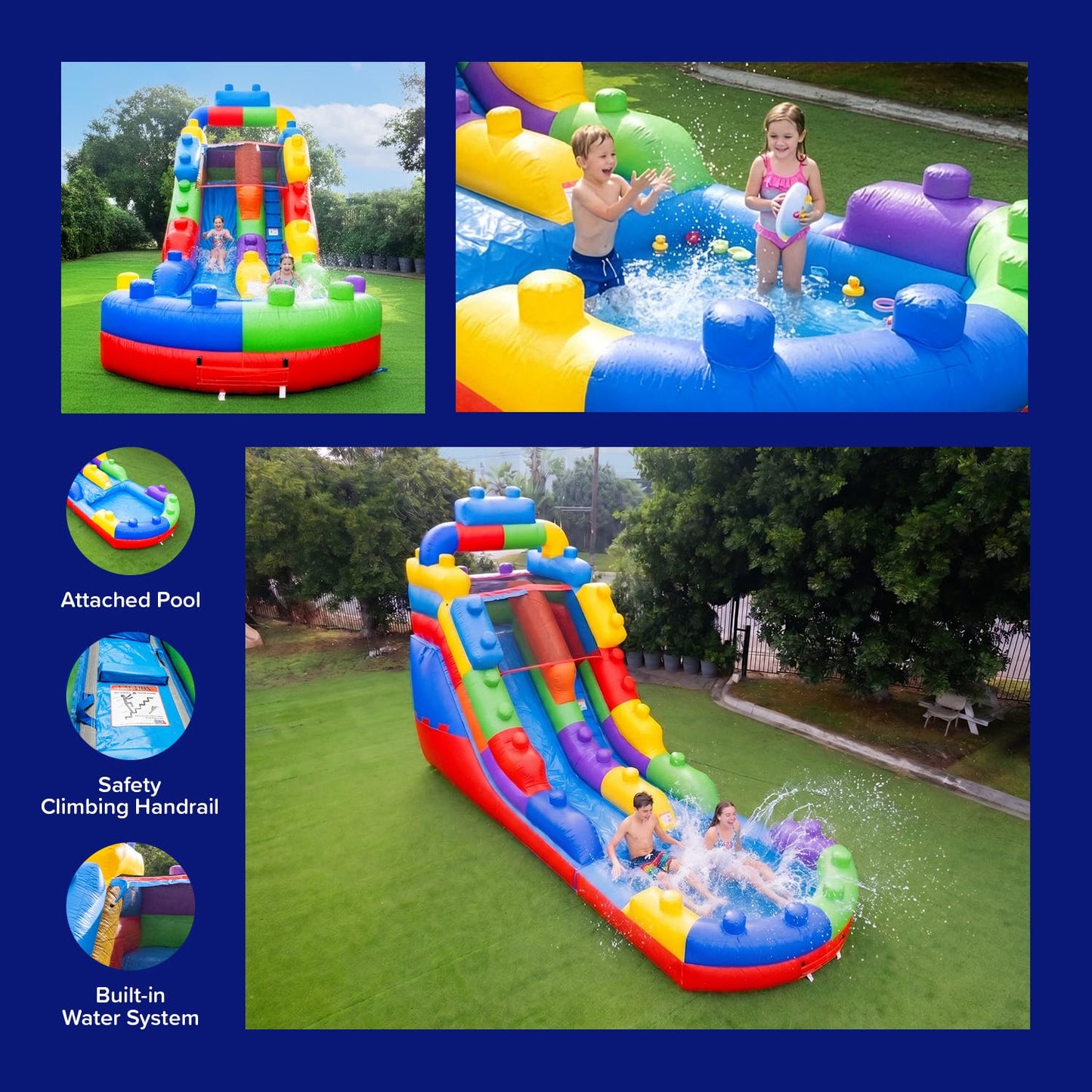 HeroKiddo 16ft Tall Block Party Inflatable Water Slide with Attachable Pool & Blower, 26ft Long Commercial Grade PVC, Heavy Duty Wet/Dry Slide for Kids & Adults, Front Load Entry for Easy Supervision