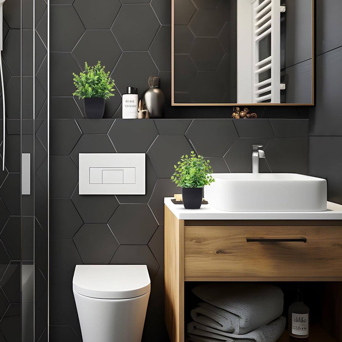Skiennix 2 Pack Small Fake Plants - Stylish Black Bathroom Accessories for Home Decor
