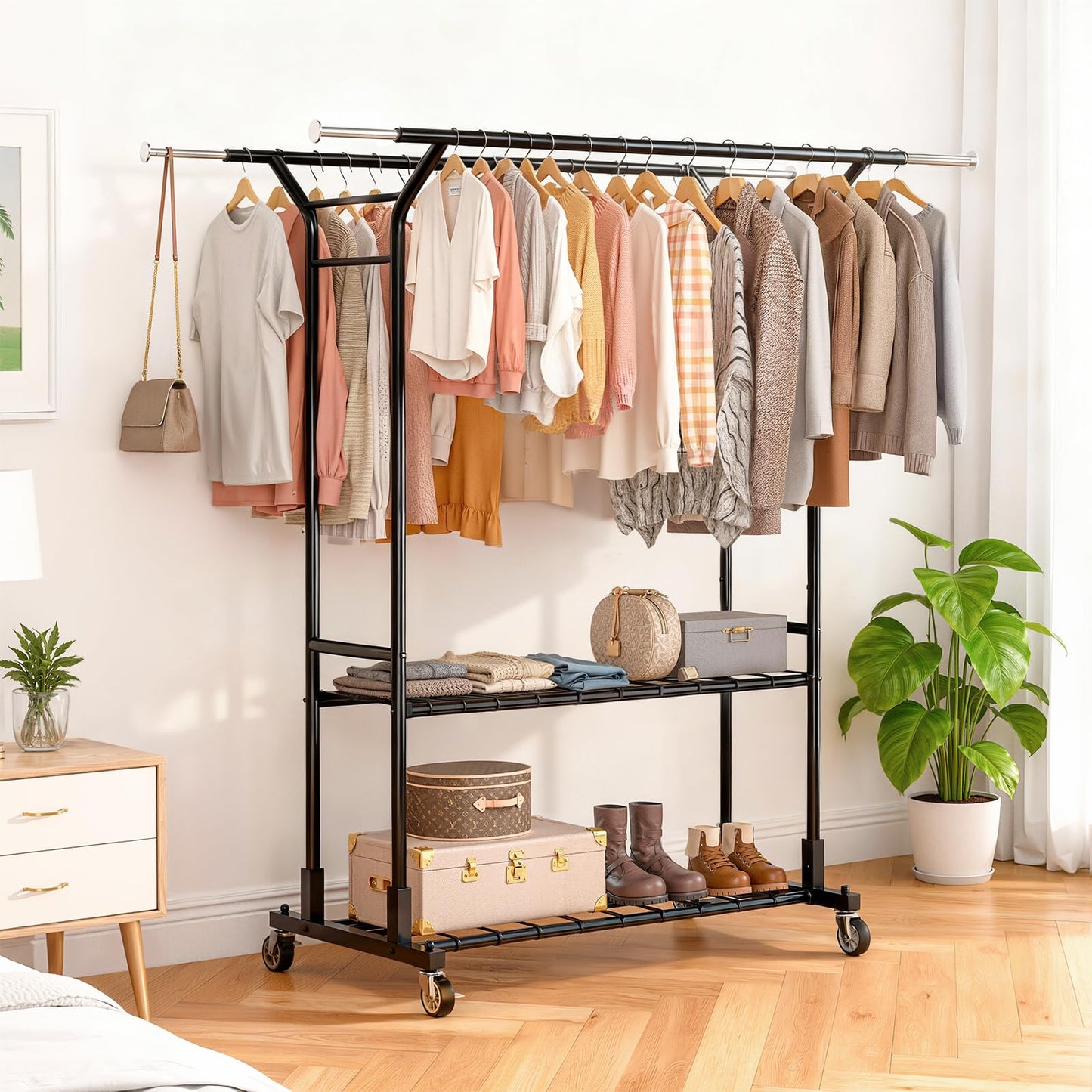 Luxspire Heavy Duty Clothes Rack Load 650 LBS, Double Rod Clothing Racks for Hanging Clothes, Rolling Garment Racks with Lockable Wheels, Shelves, Adjustable Laundry Hanging Rack, Black